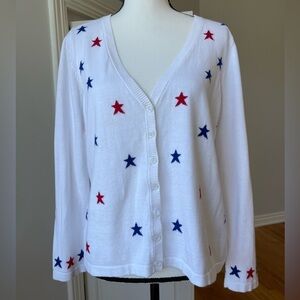 Christopher & Banks petite large white cardigan with blue and red stars